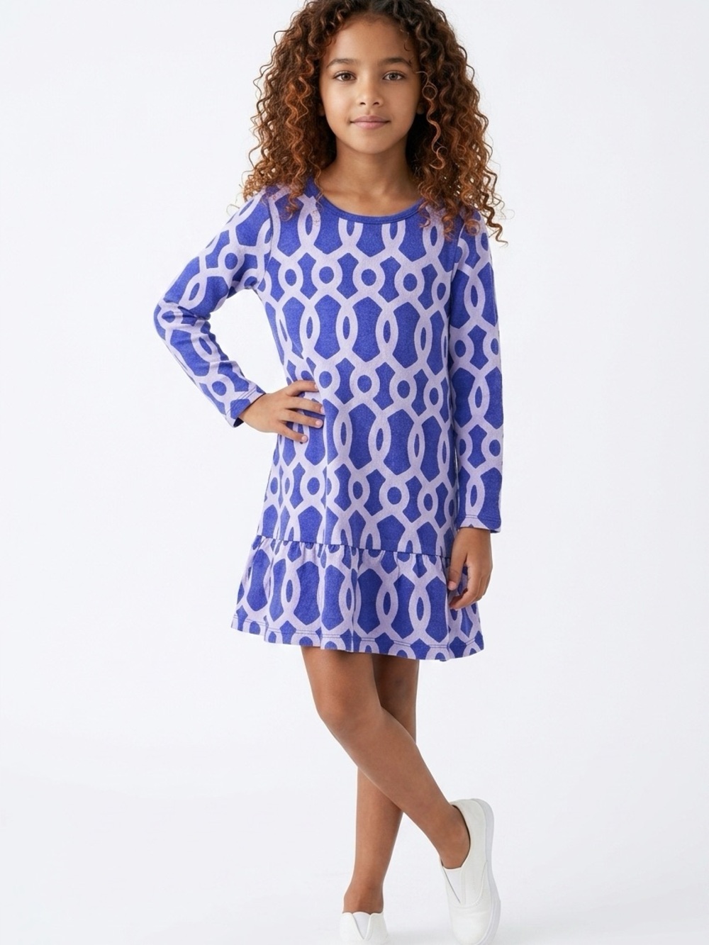 Tea Collection Purple and Lavender print long sleeve ruffle hem dress size 5